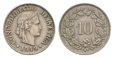 Швейцария 10 раппенов 1949 B KM 27 медно-никель 4609-741