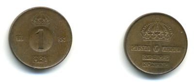 Швеция 1 эре 1955 TS, Густав VI Адольф (1950-1973) KM 820 бронза 80-542