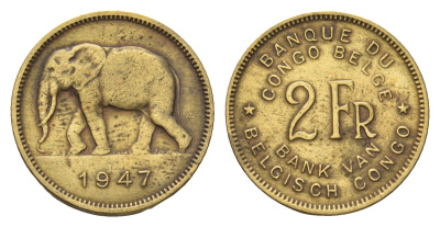 Бельгийское Конго 2 франка 1947 слон, Леопольд III KM 28 латунь 4670-1232