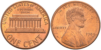 США 1 ЦЕНТ 1983 ЛИНКОЛЬН KM 201b цинк плакированный медью 188-227