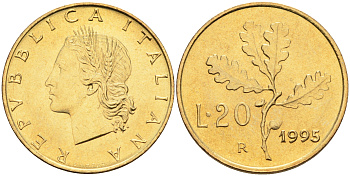 Италия 20 лир 1995 R, дубовый лист KM 97.2 алюминиевая бронза  UNC  4594-967