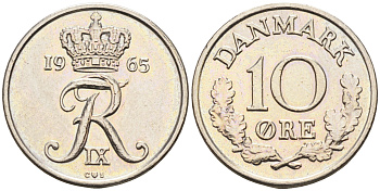 Дания 10 эре 1965 C;S, Фредерик IX (1947-1972) КМ 849.1 медно-никель    4169-221