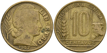 Аргентина 10 сентаво 1947 голова Свободы вправо KM 41 алюминиевая бронза 4174-241