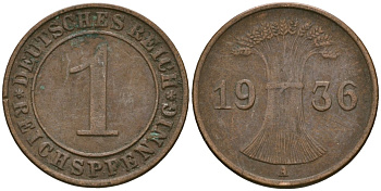 Германия 1 рейхспфенниг 1936 A KM 37, J. 313 бронза 4528-1251