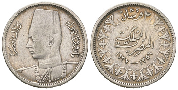 Египет 2 пиастра 1937 AH 1356, Фарук (1936-1952) KM 365 серебро 4611-1253