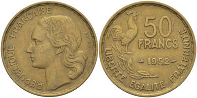 ФРАНЦИЯ 50 ФРАНКОВ 1952 KM 918.1 алюминиевая бронза 3856-1146