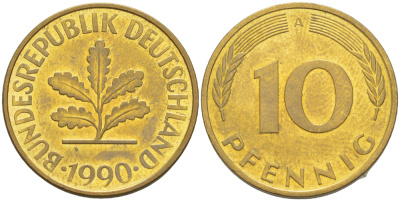 ФРГ 10 ПФЕННИГОВ 1990 A KM 108, J. 383 сталь плакированная латунью 4182-952