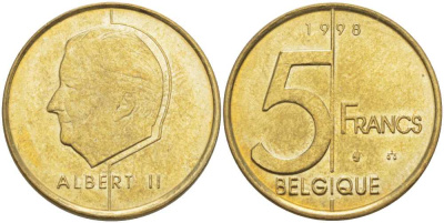 БЕЛЬГИЯ 5 ФРАНКОВ 1998 BELGIQUE, АЛЬБЕРТ II (1993-) KM 189 алюминиевая бронза 4382-1131