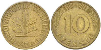 ФРГ 10 ПФЕННИГОВ 1979 D KM 108, J. 383 сталь плакированная латунью 4182-912