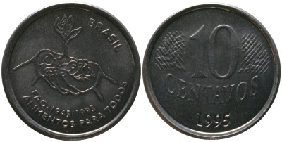 Бразилия 10 сентаво 1995 50 лет Всемирной продовольственной программе KM 641 нержавеющая сталь 4519-923