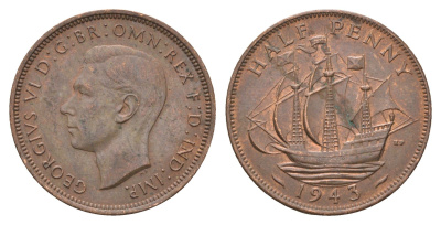 Великобритания 1/2 пенни 1943 Георг VI (1936-1952) KM 844, Spink 4115 бронза 4662-1057