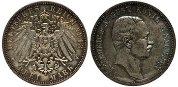 Саксония 3 марки 1913 E, Фридрих Август III (1904-1918) Weege 132, J. 135, KM 1267 серебро 3711-1413