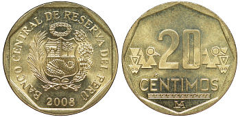 Перу 20 сентимо 2008 KM 306.4 латунь aUNC 4605-447