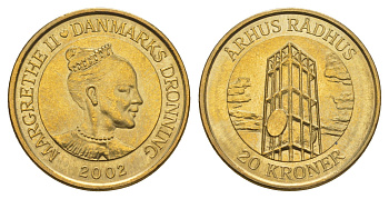 Дания 20 крон 2002 Башня Ратуши, Орхус KM 889 алюминиевая бронза UNC 4657-1242