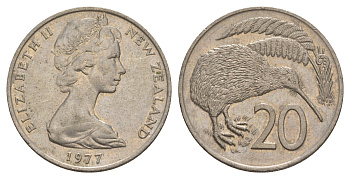 Новая Зеландия 20 центов 1977 Елизавета II (1952-2022), птичка киви KM 36.1 медно-никель 4182-1122