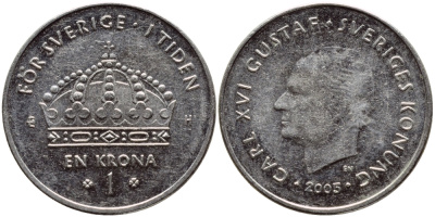 Швеция 1 крона 2005 Карл XVI Густав (1973- ) KM 894 медно-никель 93-632