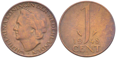 Нидерланды 1 цент 1948 Вильгельмина (1890-1948), год тип KM 175 бронза 3309-348