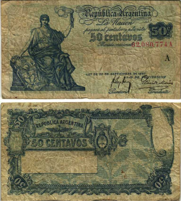 АРГЕНТИНА 50 СЕНТАВО 1918 СЕРИЯ А 02080 Pick 242 бумага 7222-53-2-2