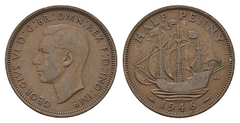 Великобритания 1/2 пенни 1946 Георг VI (1936-1952) KM 844, Spink 4115 бронза 4675-423