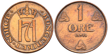 Норвегия 1 эре 1914 Хокон VII (1905-1957) KM 367 бронза 4594-426