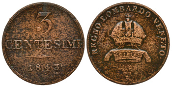 ВЕНЕЦИЯ, ЛОМБАРДИЯ 3 ЧЕНТЕЗИМО 1843 М KM 13.1, Dav. 143 медь 560-1617