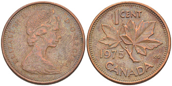 Канада 1 цент 1975 Елизавета II (1952-2022), кленовый лист KM 59.1 бронза 4181-1253