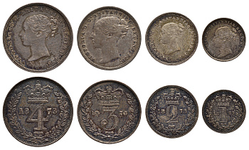 Великобритания набор из 4 монет 1873 1, 2, 3 и 4 пенса, Манди сет, в оригинальной коробке, Виктория (1837-1901) Spink 3916 серебро 10-015-67