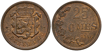 Люксембург 25 сантимов 1946 Шарлотта (1918-1964) KM 45 бронза 4115-444