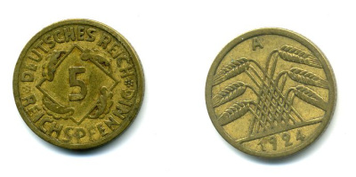 ГЕРМАНИЯ 5 РЕЙХСПФЕННИГОВ 1924 A, KM 39, J. 316 алюминиевая бронза 46-2114