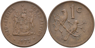 ЮАР 1 ЦЕНТ 1977 ГЕРБ, КАПСКИЕ ВОРОБЬИ KM 82 бронза 4588-1258