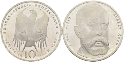 ФРГ 10 марок 1993 J, 150 лет со дня рождения Роберта Коха KM 181 серебро UNC 4593-843