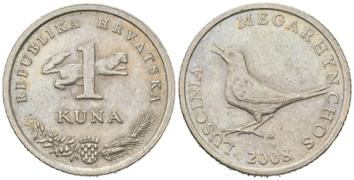 Хорватия 1 куна 2008 западный соловей, легенда на латинском KM 20.2 медь цинк никель 4448-934