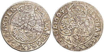 ПОЛЬША (ЛИТВА) 6 ГРОШЕЙ 1664 AT, ЯН КАЗИМИР (1649-1668) KM 91 серебро 3896-1511