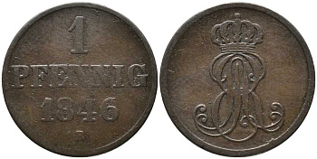 Ганновер 1 пфенниг 1846 B, Эрнст Август (1837-1851) KM 201.1, AKS 129, J. 74 медь 4448-1024
