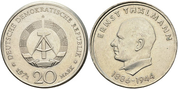 ГДР 20 марок 1971 A, 85 лет со дня рождения Эрнста Тельмана KM 34, J. 1535 медно-никель 4558-631