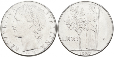 ИТАЛИЯ 100 ЛИР 1980 R АФИНА KM 96.1 сталь 3855-825