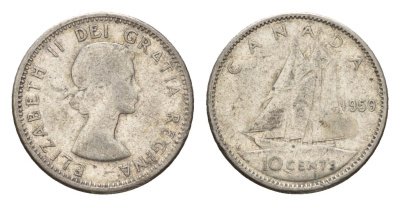 Канада 10 центов 1959 Елизавета II (1952-2022), парусник KM 51 серебро 99-814