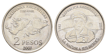 Аргентина 2 песо 2007 25 лет оккупации Фолклендских островов KM 144 медно-никель BU 4661-243