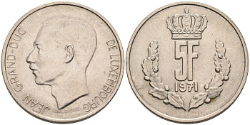 Люксембург 5 франков 1971 Великий герцог Жан (1964-2000) KM 56 медно-никель 4561-224