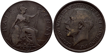 Великобритания 1/2 пенни 1923 Георг V (1910-1936) KM 809, Spink 4056 бронза 51-926