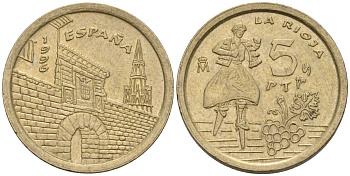 Испания 5 песет 1996 Хуан Карлос I (1975-2014), Риоха (La Rioja) KM 960 алюминиевая бронза 4154-538