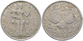 Французская Новая Каледония 5 франков 1986 птица кагу, (IEOM) KM 16, Schoen 12, Lec 76 алюминий 180-513