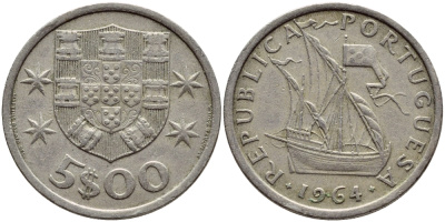 ПОРТУГАЛИЯ 5 ЭСКУДО 1964 ПАРУСНИК KM 591 медно-никель 4395-851