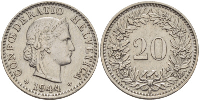 ШВЕЙЦАРИЯ 20 РАППЕНОВ 1944 В KM 29а медно-никель 31-1225