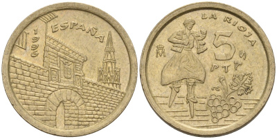 Испания 5 песет 1996 Хуан Карлос I (1975-2014), Риоха (La Rioja) KM 960 алюминиевая бронза 4154-538