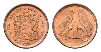 ЮАР 1 цент 1991 герб, капские воробьи KM 132 сталь плакированная медью UNC 4690-1264