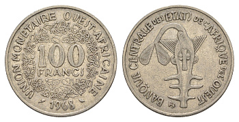 Западная Африка (BCEAO) 100 франков 1968 Центральный банк государств Западной Африки KM 4 никель 4642-316