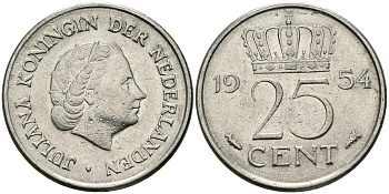 НИДЕРЛАНДЫ 25 ЦЕНТОВ 1954 ЮЛИАНА KM 183 никель 96-127