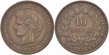 ФРАНЦИЯ 10 САНТИМОВ 1895 A, ТРЕТЬЯ РЕСПУБЛИКА (1871-1940) KM 815.1, LA FRANC 135.40 бронза 82-933