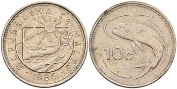 Мальта 10 центов 1986 золотая макрель KM 76 медно-никель 4588-212